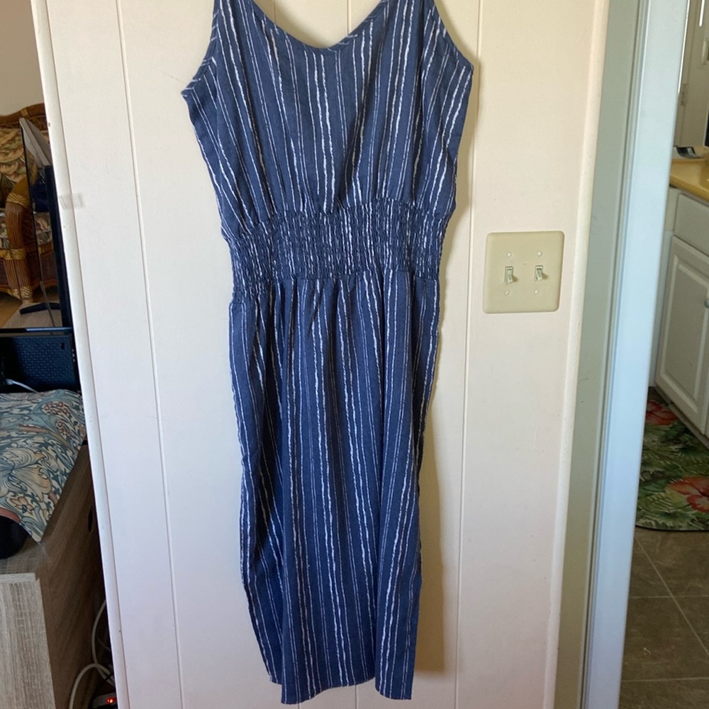 Vintage Havana denim striped dress. Adj straps, smocked waist. L 48 PP 19 EUC
